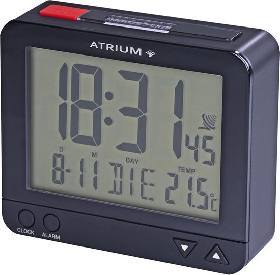 ATRIUM Wekker - Digitaal - Digitale Klok - Wekkers Slaapkamer - Radiogestuurd - Alarm - Blauw - Verlichting - Lichtsensor - Opbouwend alarmsignaal - Snooze - Duidelijk - Reiswekker - Wektijd - Datum - Weekdag - Binnentemperatuur - A760-5