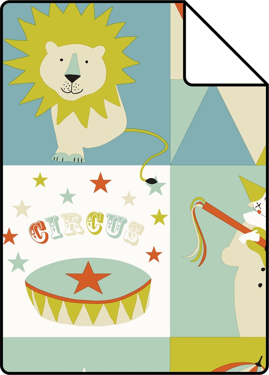 Proefstaal ESTAhome behang circus figuren oranje, mintgroen en olijfgroen - 26.5 x 21 cm - 128704-S