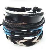 Set leren herenarmbanden - zwart - blauw - wit - creme