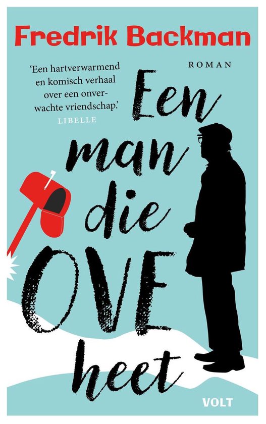 Een silhouet van een man met een rode brievenbus, met de titel 'Een man die Ove heet'.