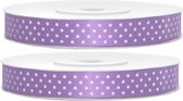 2x Hobby/decoratie lila paarse satijnen sierlinten met witte stippen 1,2 cm/12 mm x 25 meter - Cadeaulinten satijnlinten/ribbons - Lila paarse linten met witte stippen - Hobbymateriaal benodigdheden - Verpakkingsmaterialen