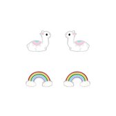 Joy|S - Zilveren oorbellen set 2 paar | Alpaca / Lama | Regenboog