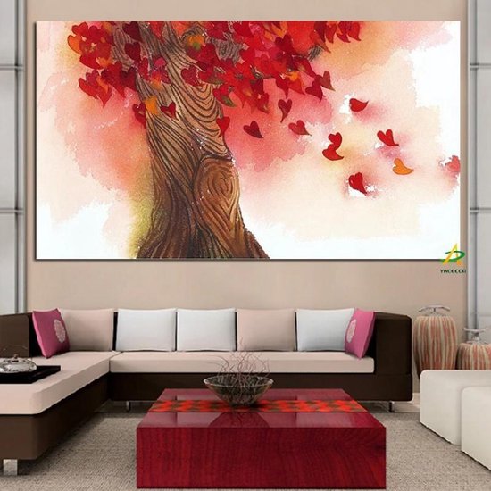 Canvas Schilderij * Liefdesboom met Hartjes * - Romantisch Pop Graffiti - Kleur - 40 x 80 cm