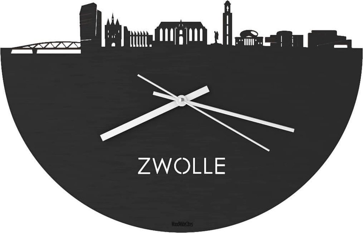 Skyline Klok Zwolle Zwart hout - Ø 40 cm - Stil uurwerk - Wanddecoratie - Meer steden beschikbaar - Woonkamer idee - Woondecoratie - City Art - Steden kunst - Cadeau voor hem - Cadeau voor haar - Jubileum - Trouwerij - Housewarming - WoodWideCities