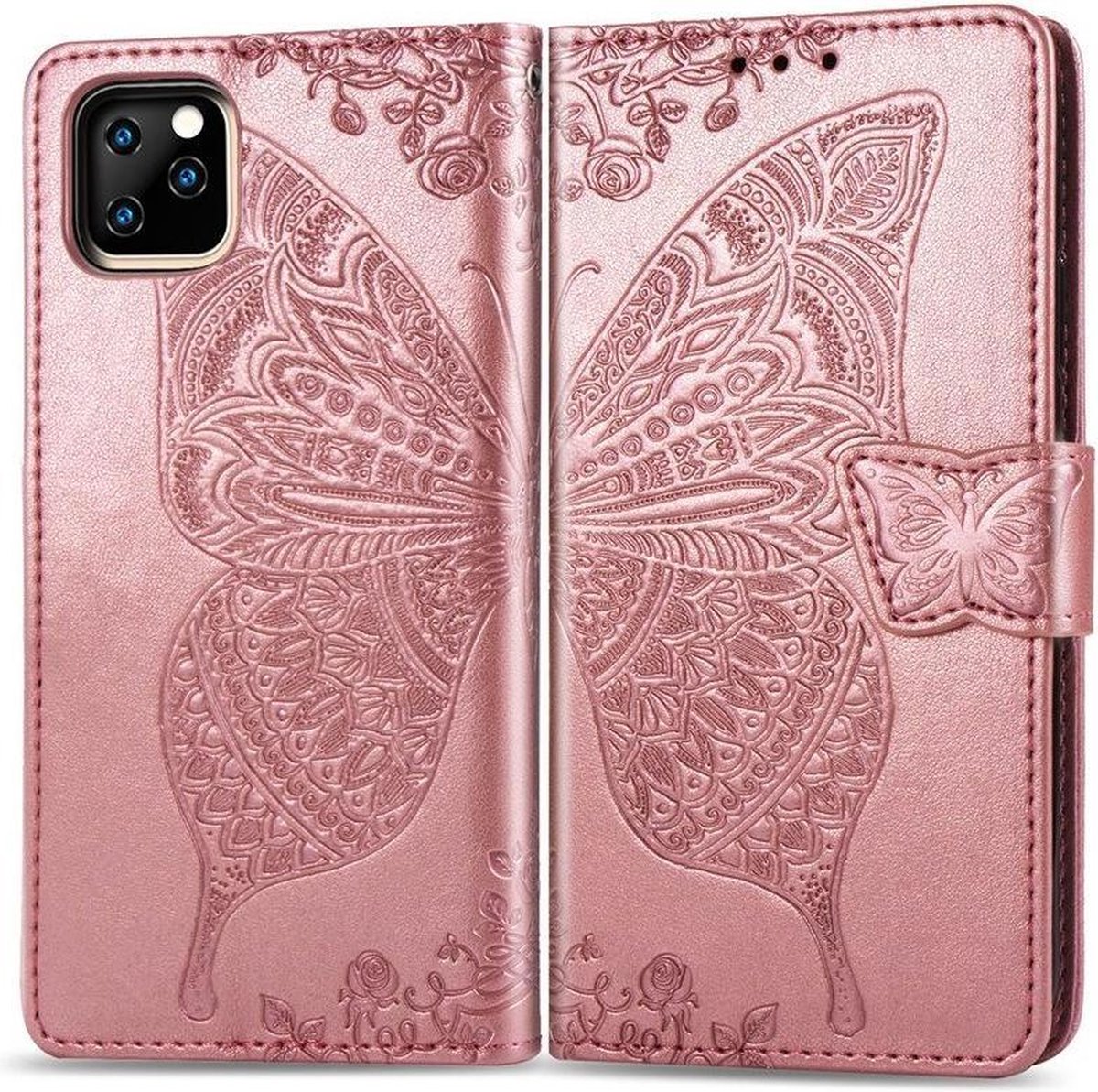 Telefoonhoesje voor Apple iPhone 11 | Hoogwaardig PU Leren Bookcase | Lederen Wallet Case | Pasjeshouder | Portemonnee | Vlinder Patroon | Roze