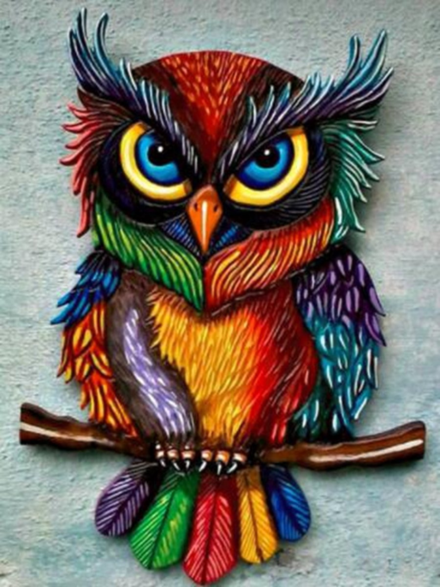 Diamond painting de luxe 30x40cm - Gekleurde uil - ronde steentjes