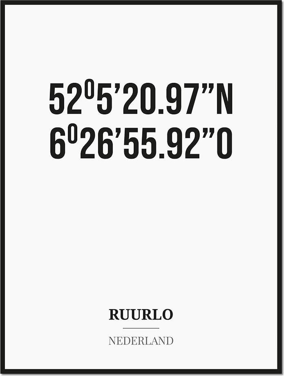 Studio216 Poster/kaart RUURLO met coördinaten zwart, wit