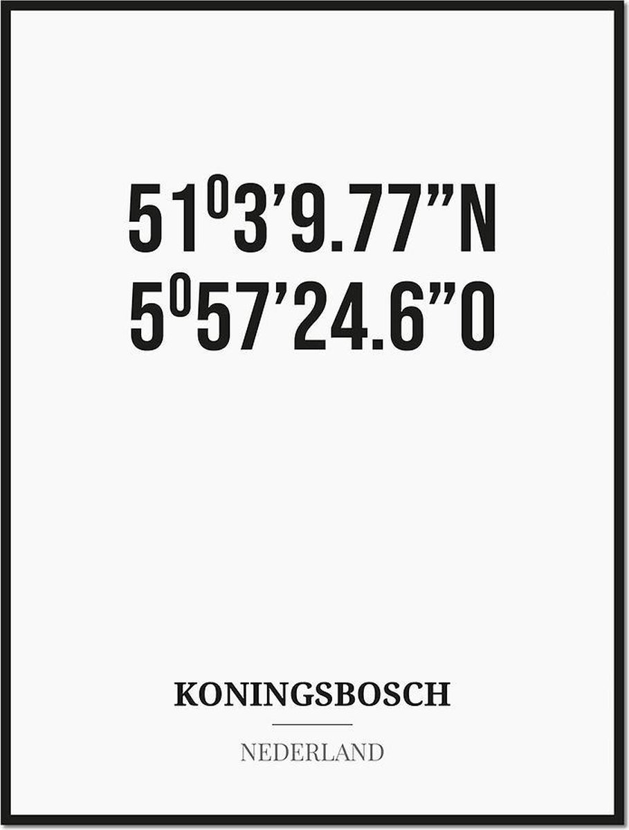 Studio216 Poster/kaart KONINGSBOSCH met coördinaten zwart, wit