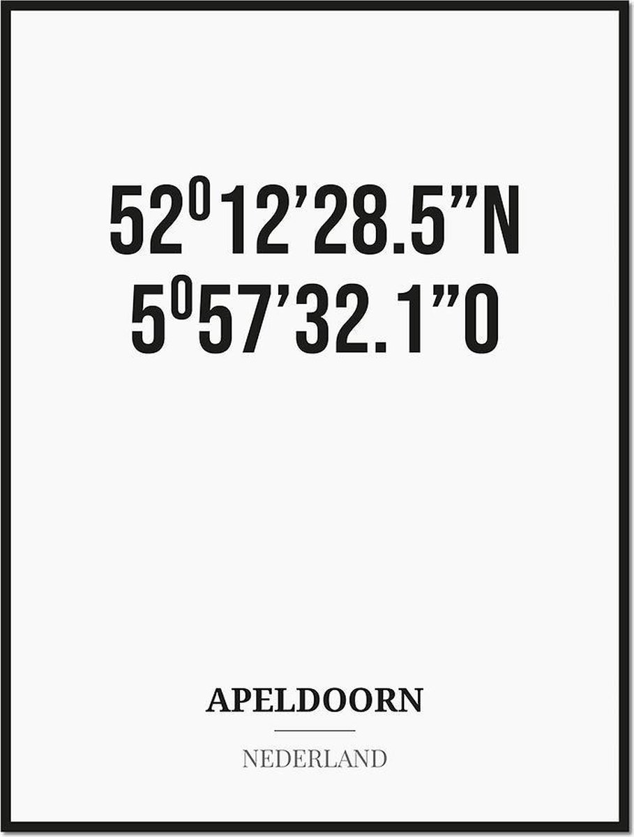 Studio216 Poster/kaart APELDOORN met coördinaten zwart, wit