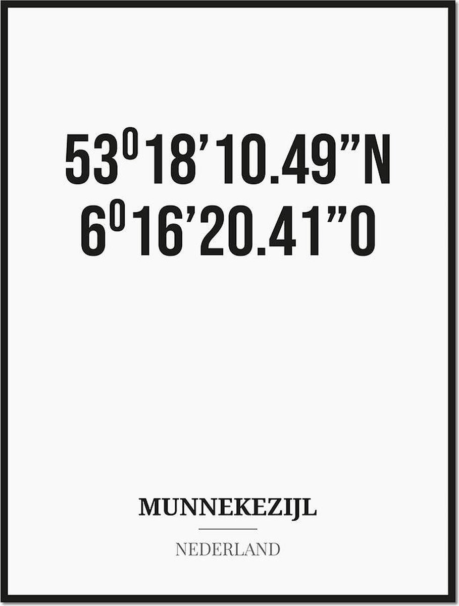 Studio216 Poster/kaart MUNNEKEZIJL met coördinaten zwart, wit