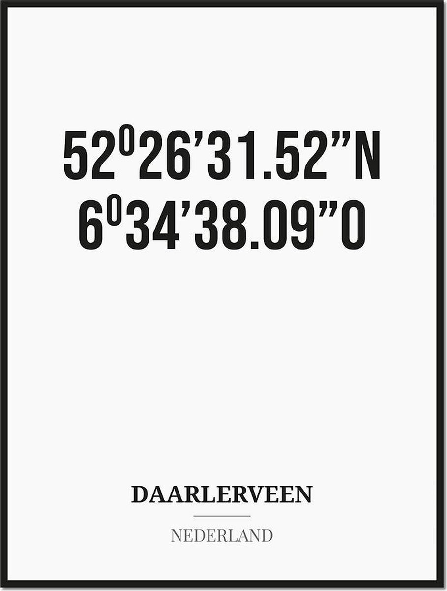 Studio216 Poster/kaart DAARLERVEEN met coördinaten zwart, wit