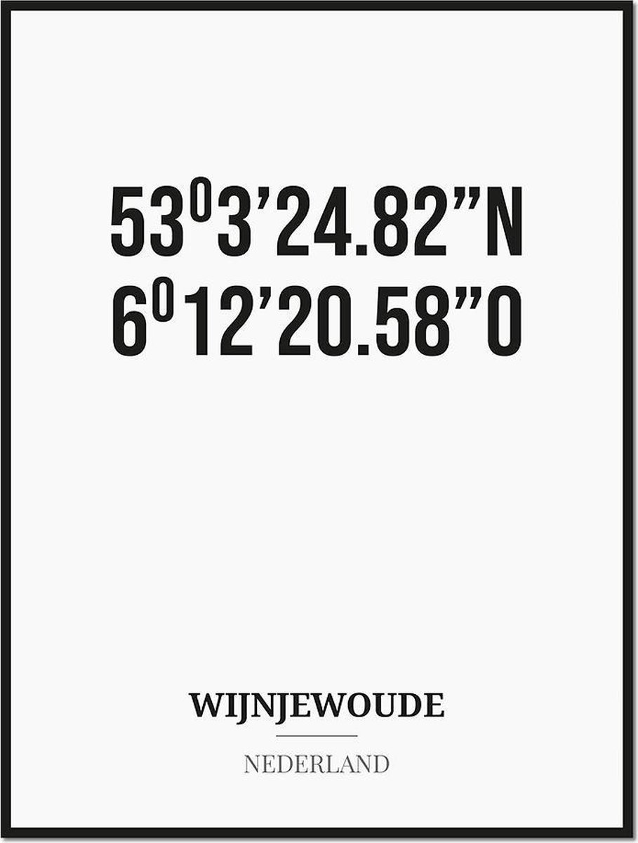 Studio216 Poster/kaart WIJNJEWOUDE met coördinaten zwart, wit
