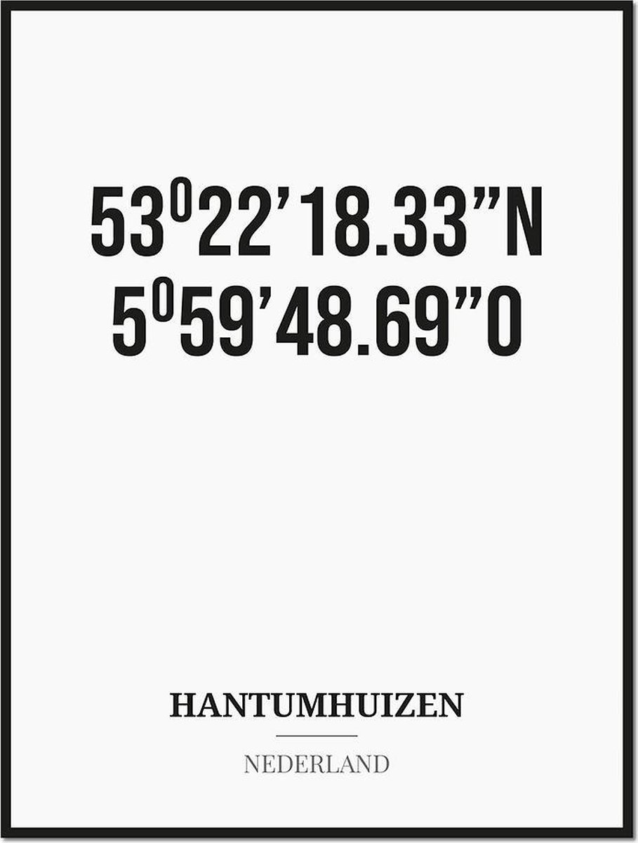Studio216 Poster/kaart HANTUMHUIZEN met coördinaten zwart, wit