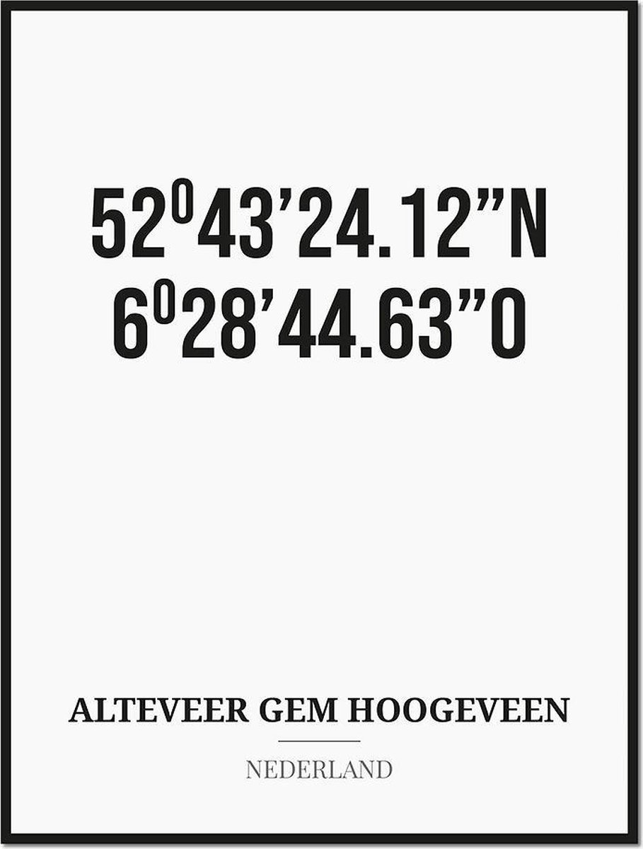 Studio216 Poster/kaart ALTEVEER GEM HOOGEVEEN met coördinaten zwart, wit