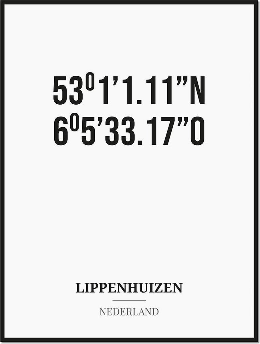 Studio216 Poster/kaart LIPPENHUIZEN met coördinaten zwart, wit