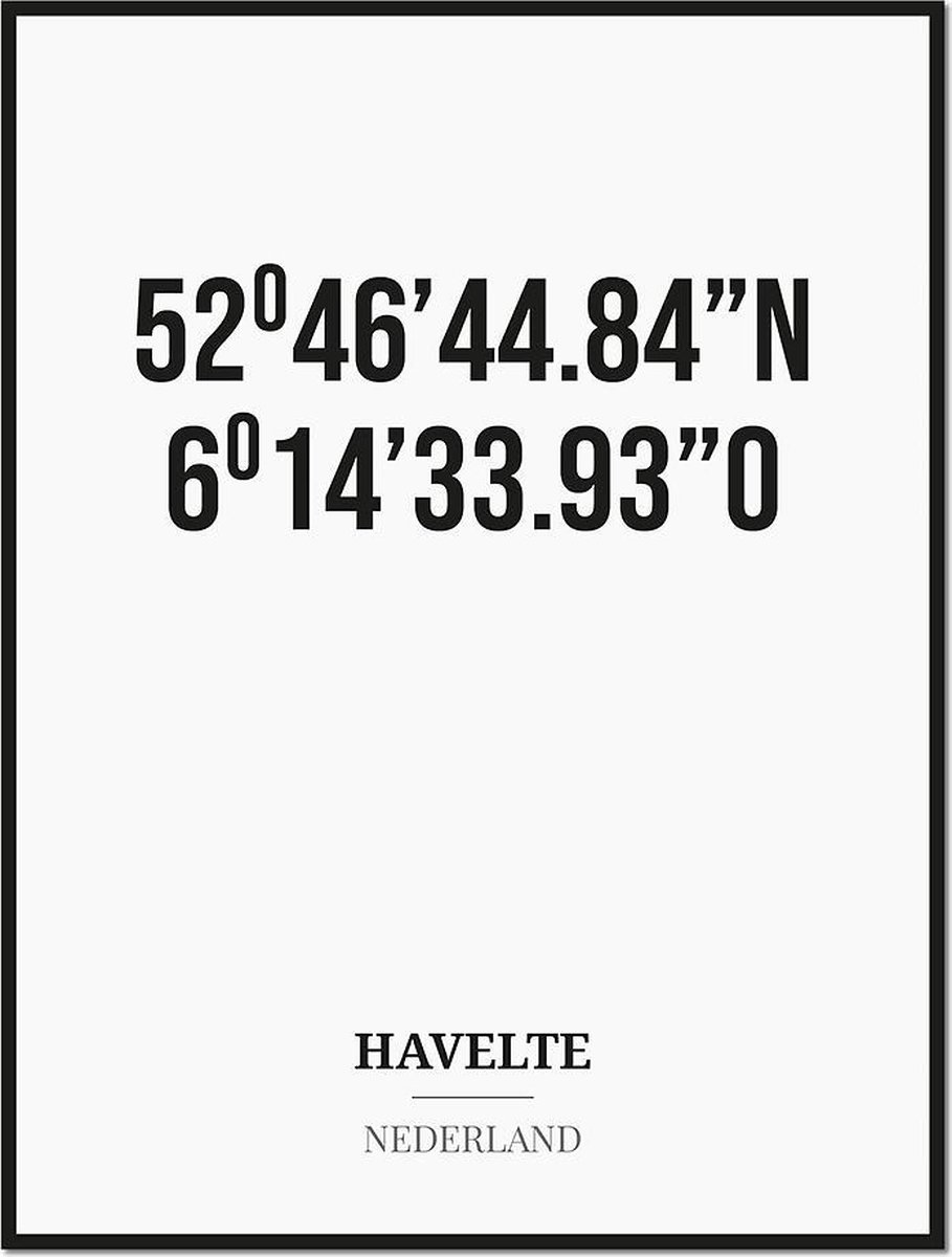 Studio216 Poster/kaart HAVELTE met coördinaten zwart, wit