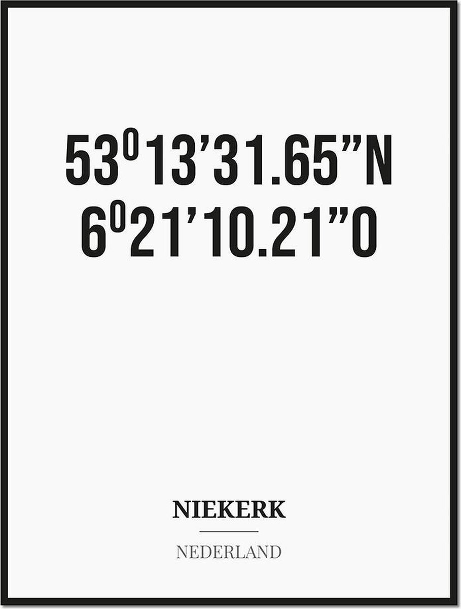 Studio216 Poster/kaart NIEKERK met coördinaten zwart, wit