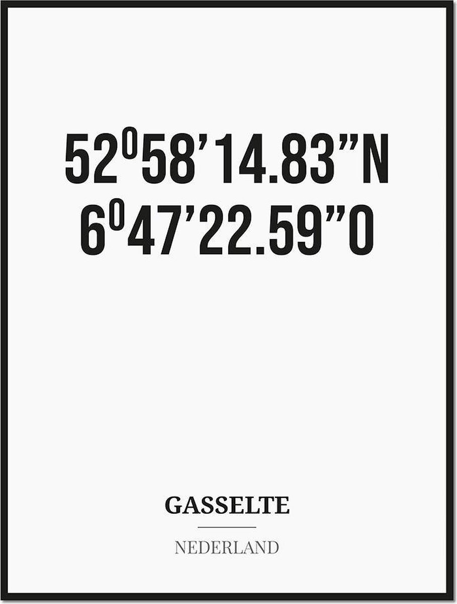 Studio216 Poster/kaart GASSELTE met coördinaten zwart, wit
