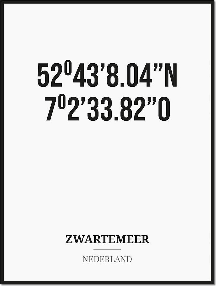 Studio216 Poster/kaart ZWARTEMEER met coördinaten zwart, wit