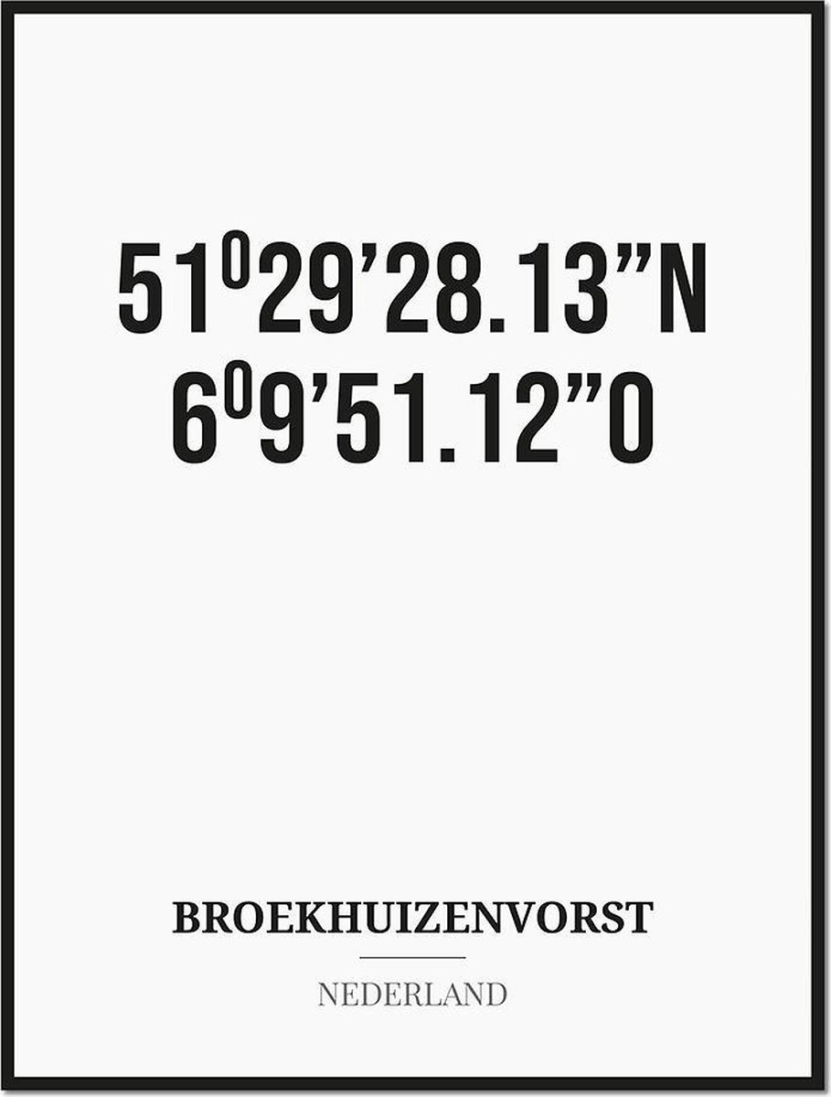 Studio216 Poster/kaart BROEKHUIZENVORST met coördinaten zwart, wit