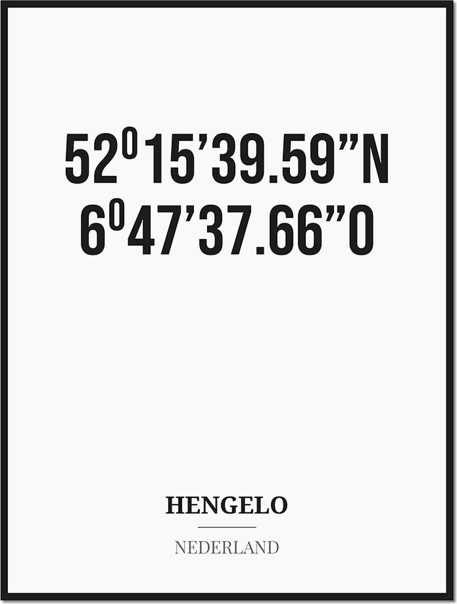 Studio216 Poster/kaart HENGELO met coördinaten zwart, wit