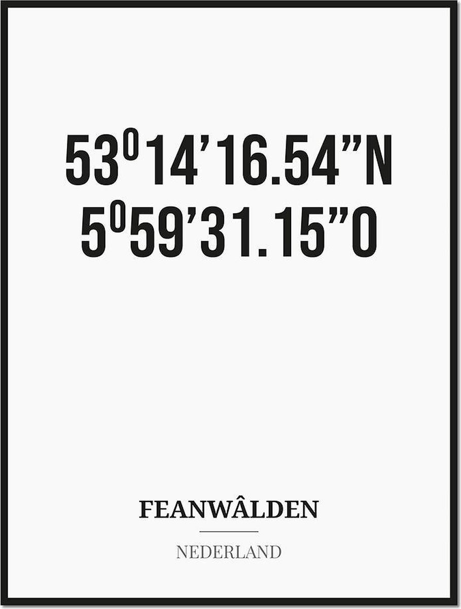 Studio216 Poster/kaart FEANWÂLDEN met coördinaten zwart, wit