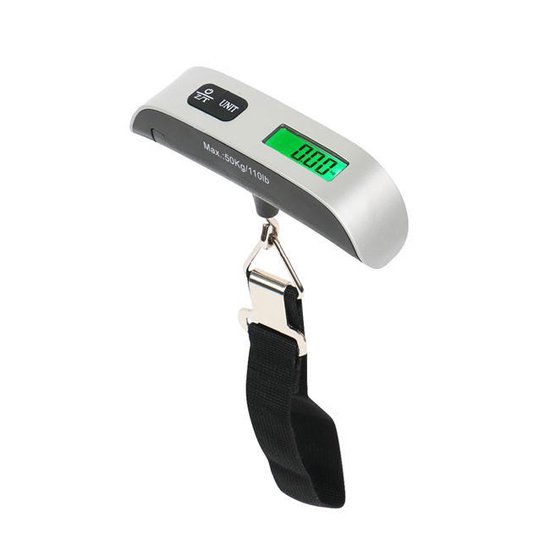 Zilverkleurige digitale bagageweegschaal met zwarte riem en een groen display met 0.00.