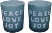 Peace Love Joy Theelichthouder - Waxinelichthouder - Blauw - Glas - Ø 5.5 x h 6.5 cm - Set van 2