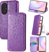 Voor Honor 50 SE Bloeiende Mandala Reliëf Patroon Magnetische Horizontale Flip Lederen Case met Houder & Kaartsleuven & Portemonnee (Paars)