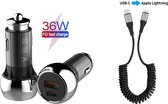iPhone 12 autolader 36W USB-C Power oplader - Zwart - Geschikt voor Apple iPhone 12 - Apple iPad - USB-C Apple Lightning |Snellader iPhone 12 / 11 / X / iPad / 12 Pro Max / iPhone 12 Pro | iP