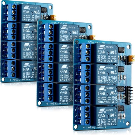 Foto: Kwmobile 4 kanaals relaismodule 5v relay board compatibel met arduino raspberry pi met optocoupler microcontroller 3 stuks