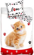 1-persoons kinder dekbedovertrek “rood - bruin poesje” wit met rood / zwart en pootafdrukken van kat / kitten KATOEN 140 x 200 cm