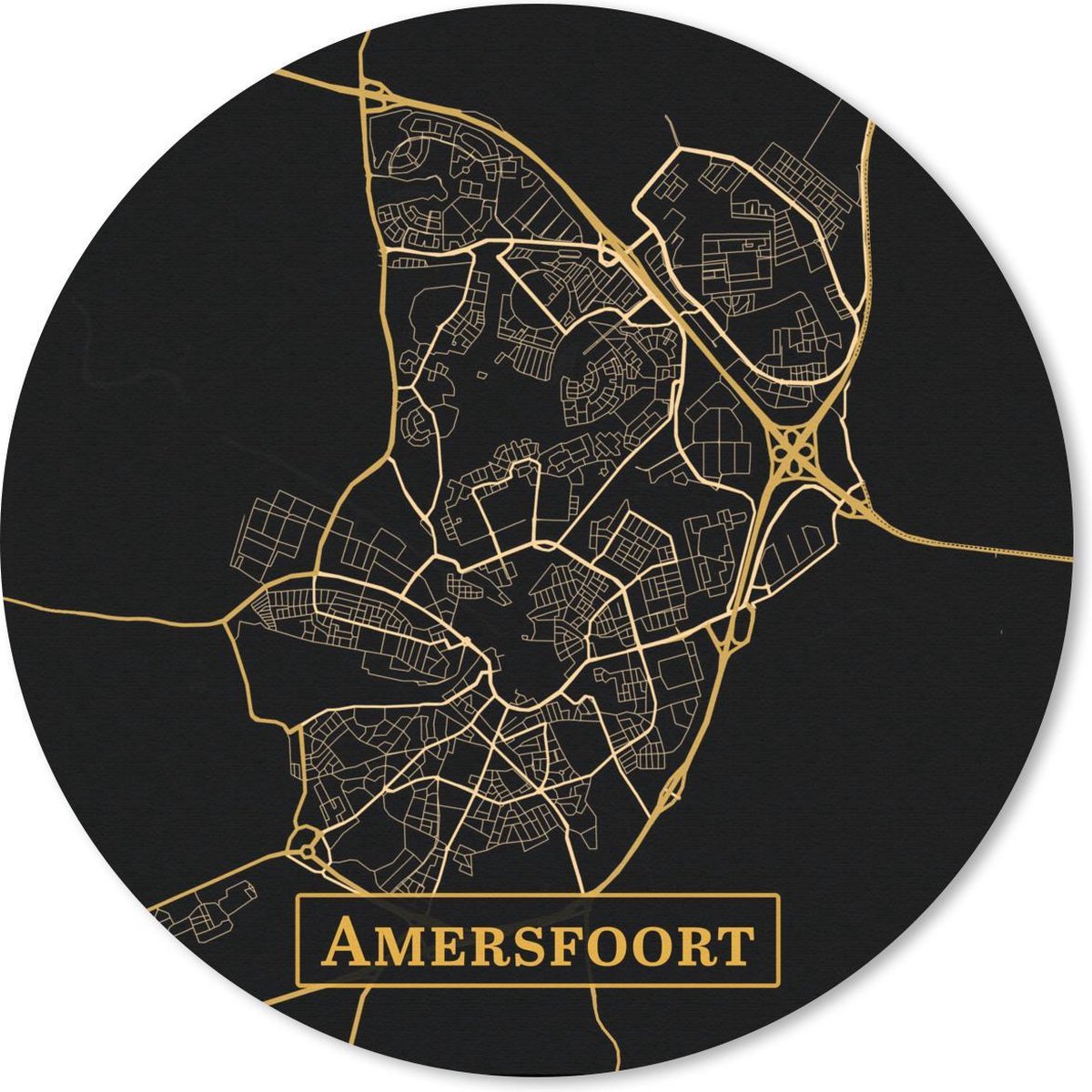 Muismat rond 30x30 cm - Mousepad Kaart - Amersfoort - Zwart - Goud - Ronde muismatten