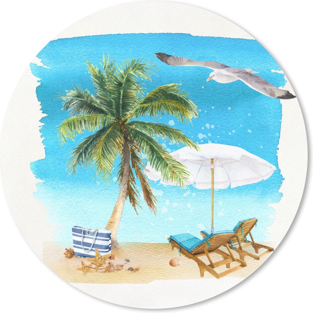 Muismat rond 20x20 cm - Mousepad Strandstoel - Parasol - Palmboom - Ronde muismatten