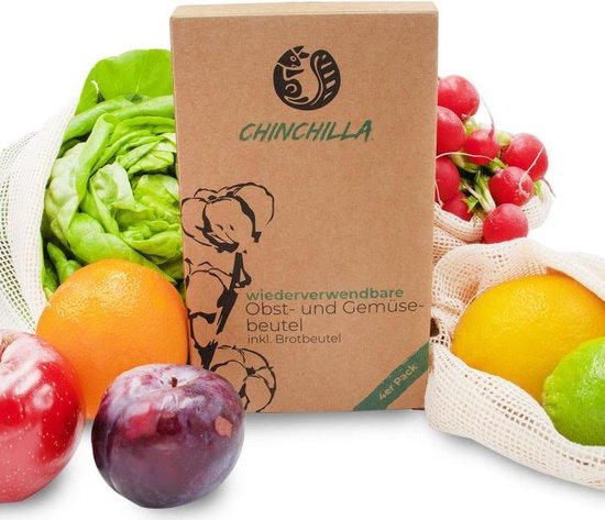 Chinchilla Zero Waste - Sacs Légumes, Fruits et Pain - Katoen - Bio - 4 pièces