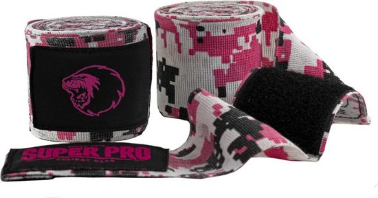 Twee sportbandages in camouflageprint met roze, zwart en wit. Een rol is open, met klittenbandsluiting. "SUPER PRO COMBAT GEAR" logo.