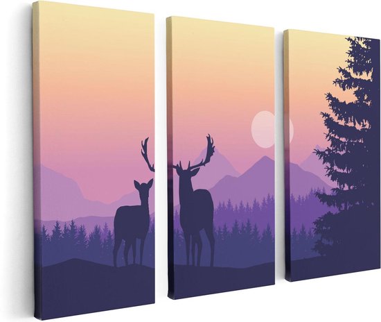 Artaza Canvas Schilderij Drieluik Twee Herten - Zonsondergang - Silhouet - 120x80 - Foto Op Canvas - Canvas Print