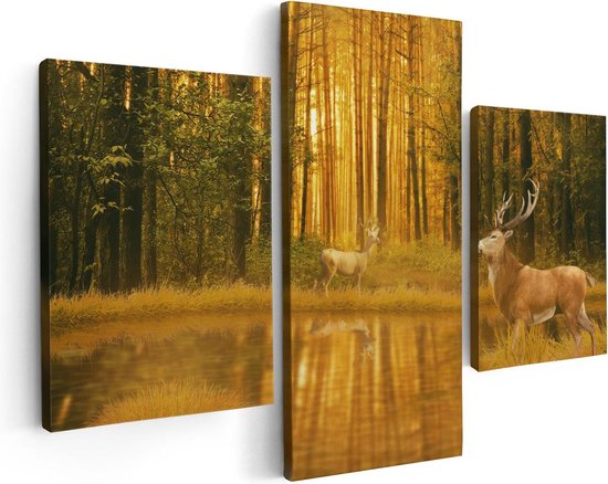 Artaza Canvas Schilderij Drieluik Twee Herten In Het Bos Bij Het Water - 90x60 - Foto Op Canvas - Canvas Print
