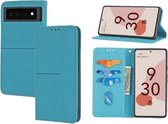 Voor Google Pixel 6 Geweven Textuur Stiksels Magnetische Horizontale Flip PU Lederen Case met Houder & Kaartsleuven & Portemonnee & Lanyard (Blauw)