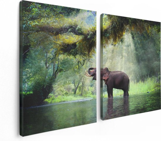 Artaza Canvas Schilderij Tweeluik Vrolijke Olifant In Het Water - 120x80 - Foto Op Canvas - Canvas Print