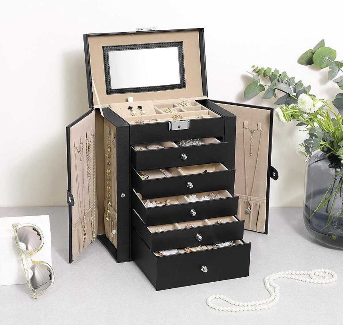 MIRA Home - Sieradendoos - Juwelendoos - Modern - Zwart - 26x15,5x32 cm