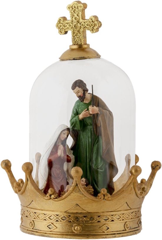 Clayre & Eef Kerststolp Jezus Ø 19*27 cm Goudkleurig Kunststof Glas Glazen Stolp Stolp met Decoratie