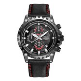 Class-style  Chronograaf Heren Horloge Zwart stalen kast Zwarte Leder band met rode stiksels | SMAEL 9105B44 | Waterdicht |Analoog | Mud | Shock bestendig| Leger | zwarte Band | Ti