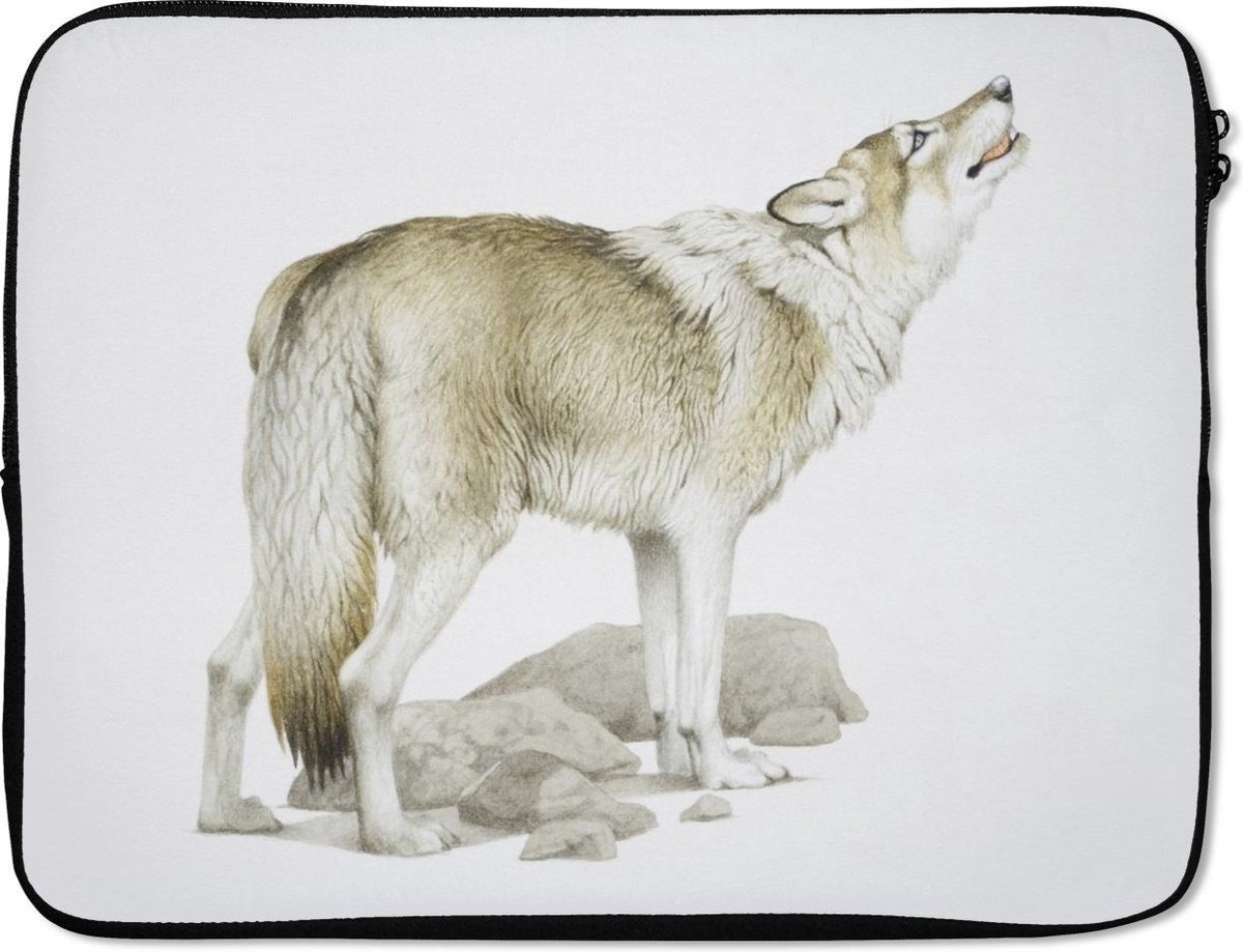 Laptophoes 17 inch - Wolf - Stenen - Wit - Laptop sleeve - Binnenmaat 41x28 cm - Zwarte achterkant
