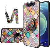 Voor Samsung Galaxy A80/A90 Geschilderd Etnisch Patroon Gehard Glas TPU Schokbestendig Hoesje met Opvouwbare Magnetische Houder & Nekband (Geruit)