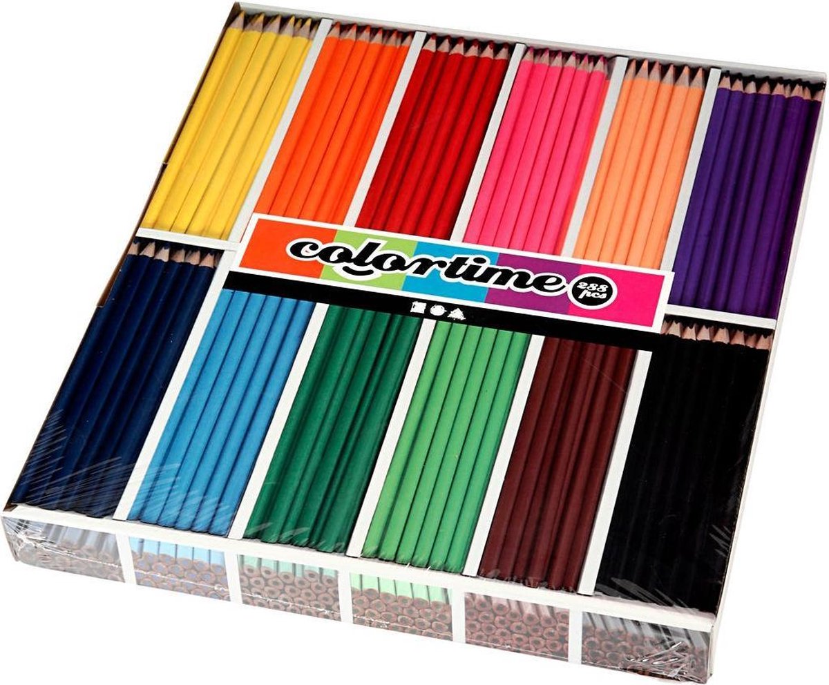 Colortime kleurpotloden, diverse kleuren, L: 17,45 cm, vulling 3 mm, 12x12 stuk/ 1 doos