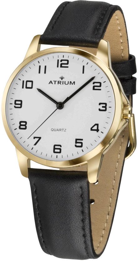 ATRIUM Horloge - Heren - Goud - Analoog - Leer Zwart - Lederen Bandje - Verstelbaar - Duidelijk - Quartz uurwerk - Edelstalen sluiting - A36-20