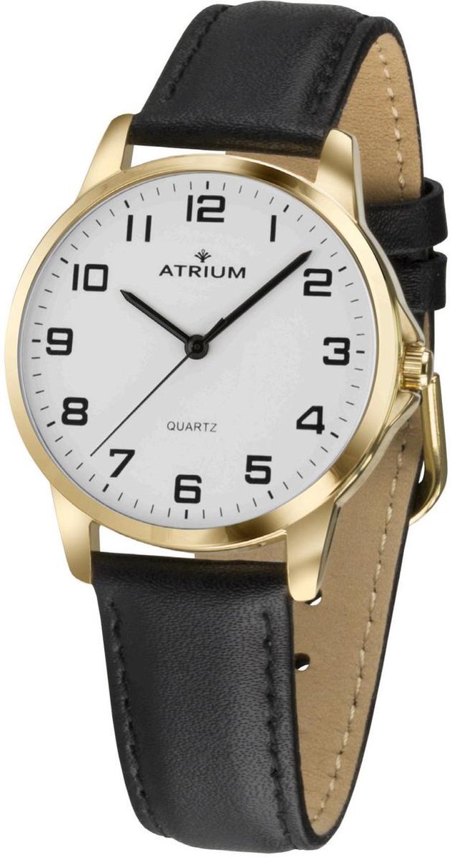 ATRIUM - Horloge - Heren - Goud - Analoog - Leer Zwart - Lederen Bandje - Verstelbaar - Duidelijk - Quartz uurwerk - Edelstalen sluiting - A36-20