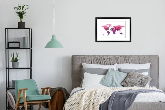 Fotolijst incl. Poster - Wereldkaart - Roze - Kompas - 60x40 cm - Posterlijst