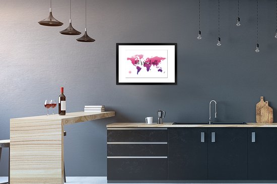 Fotolijst incl. Poster - Wereldkaart - Roze - Kompas - 60x40 cm - Posterlijst